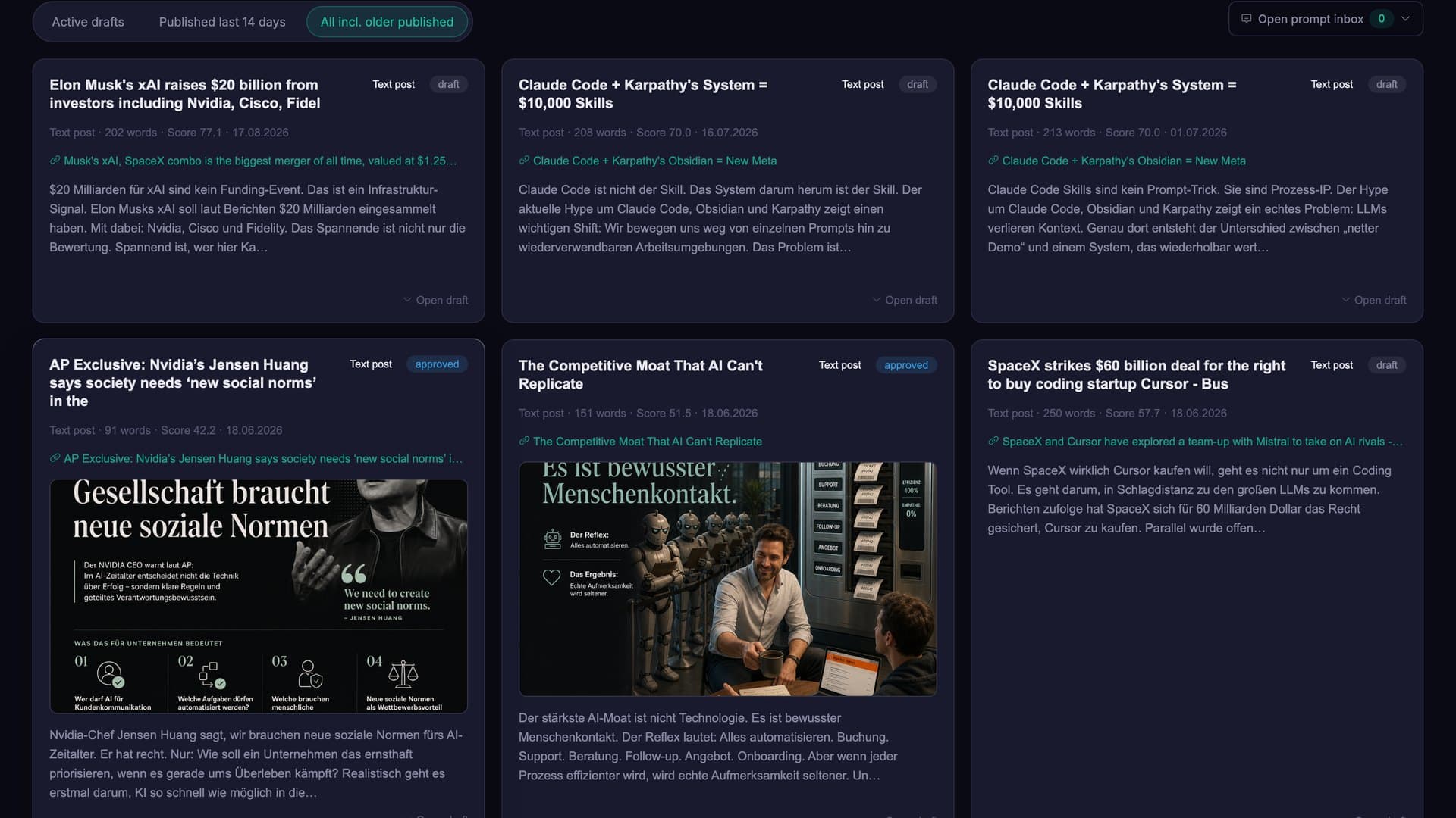 Content pipeline: drafts with visuals