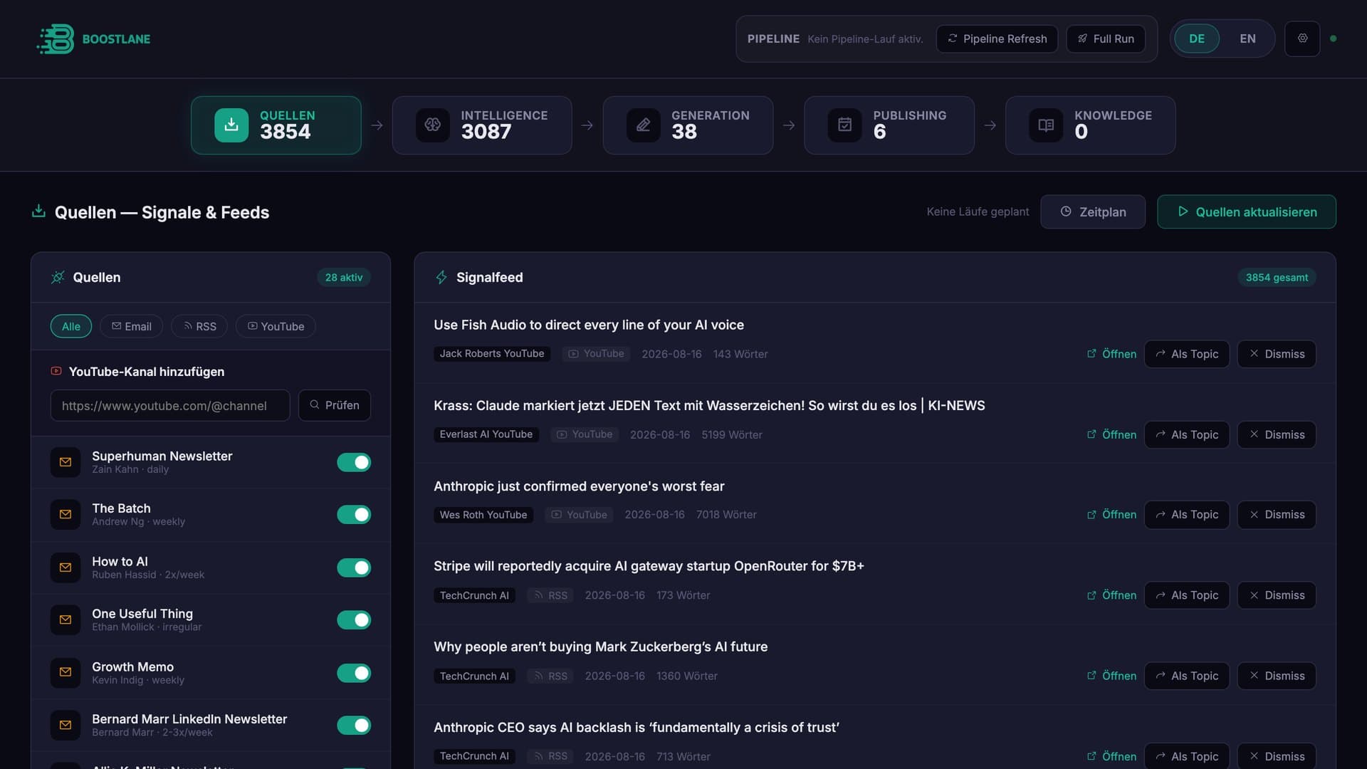 Content-Pipeline: Quellen und Signalfeed